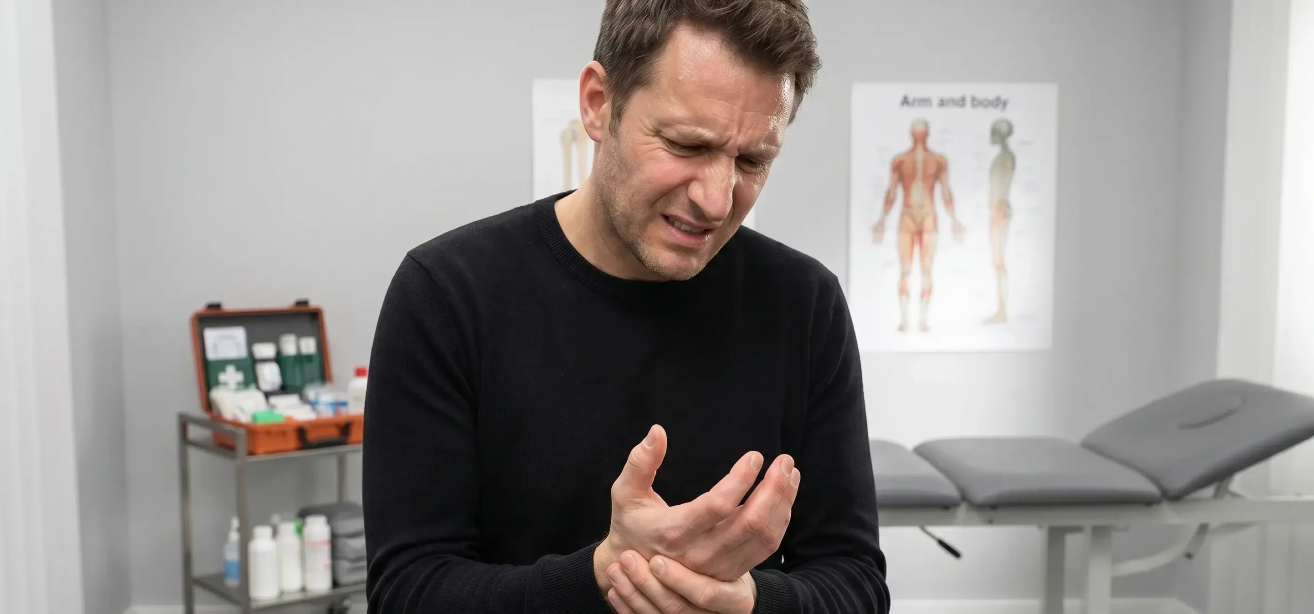 Ein Mann steht mit schmerzverzerrtem Gesicht in einem hellen Behandlungsraum und stützt vorsichtig seine verletzte Hand. Im Hintergrund sind eine graue Therapieliege, medizinische Poster und ein Erste-Hilfe-Wagen zu sehen.